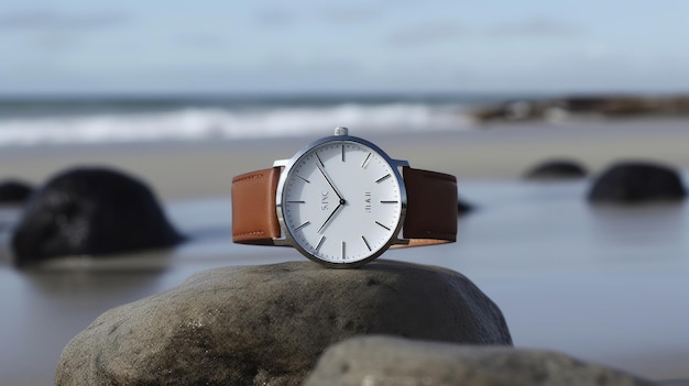 Un orologio con cinturino in pelle marrone si trova su una roccia di fronte a una spiaggia.