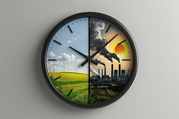 Un orologio con due facce, una che mostra un giorno di sole e l'altra che mostra una giornata di smog