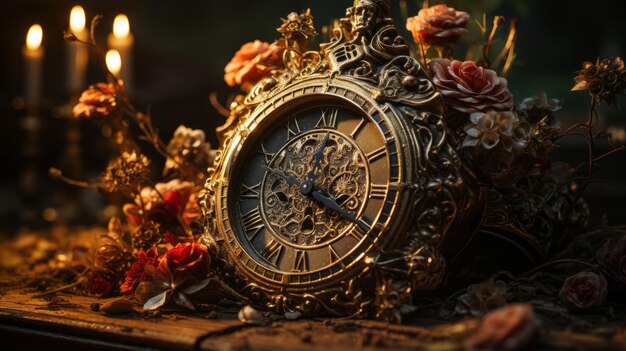 Un orologio con fiori per terra