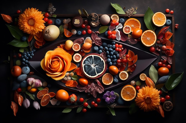 Un orologio con frutti e fiori sopra