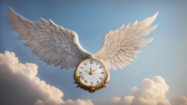 Un orologio con le ali nel cielo con le nuvole Il concetto di transitorietà del tempo il tempo vola Generazione AI