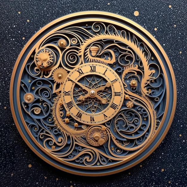 Un orologio d'oro con intricati disegni su un'immagine ai generati superficie blu