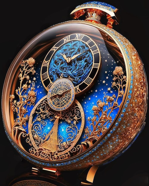 Un orologio da tasca in oro e blu con il tempo di 12 : 05.