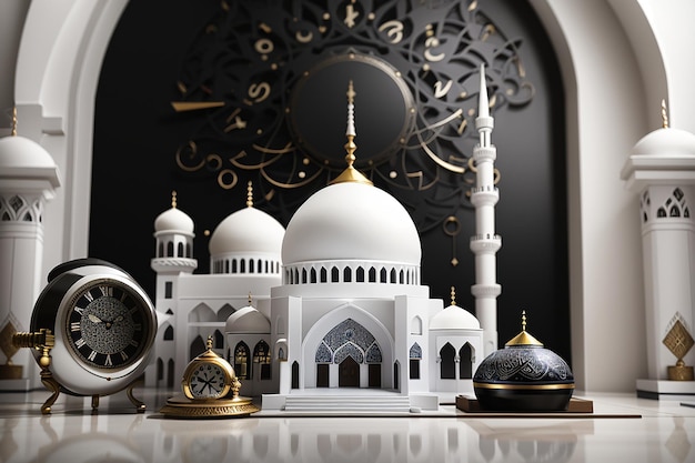 Un orologio di moschea bianco e nero sullo sfondo superiore dei social media del Ramadan