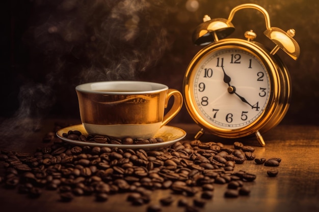 Un orologio e chicchi di caffè sono su un tavolo con un orologio d'oro e una tazza di caffè.