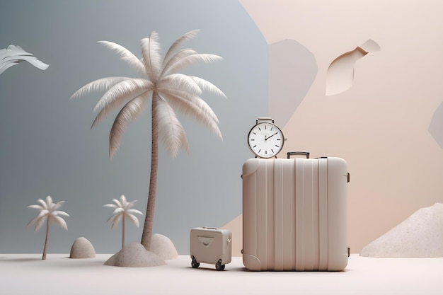 Un orologio e una valigia sono accanto a una palma.