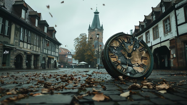 Un orologio giace sulla strada di ciottoli di una vecchia città europea l'orologio è rotto e le sue lancette sono fermate