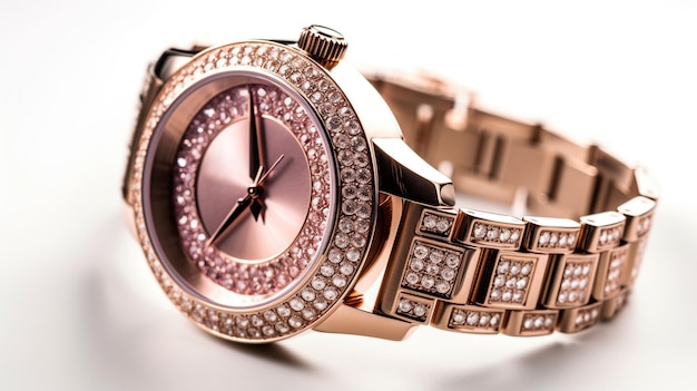 Un orologio in oro rosa con diamanti rosa su sfondo bianco