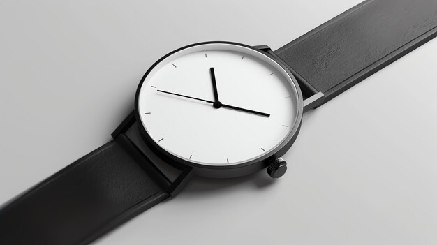 Un orologio minimalista con un cinturino di pelle nera e un quadrante bianco L'orologio è impostato su uno sfondo bianco