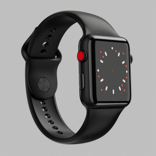 un orologio nero e argento con un pulsante rosso e la fascia nera è fatta dal marchio dell'orologio