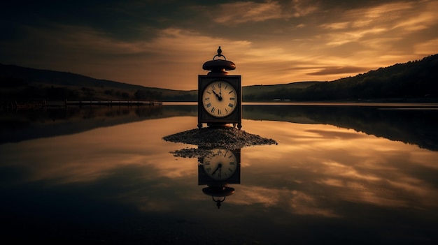 Un orologio su un lago con il tempo di 12 : 00