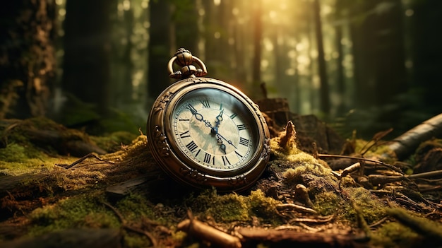 Un orologio temporizzatore è impostato sul pavimento della foresta per rappresentare le perdite che si verificano quando il tempo passa più lentamente nell'ambiente naturale Generativo Ai