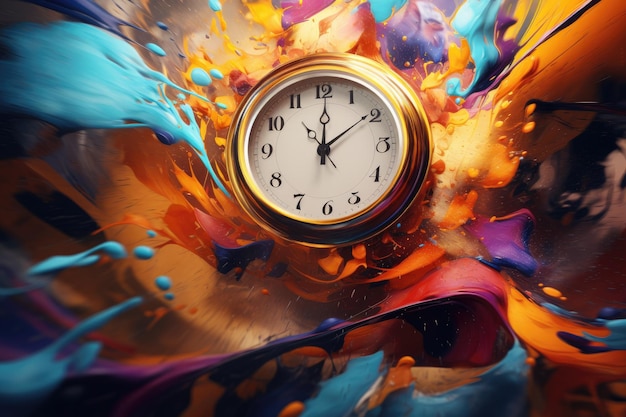 Un orologio, un semplice dispositivo di cronometraggio, si trova su un tavolo Un orologio astratto con il tempo che scorre in colori vivaci generato dall'intelligenza artificiale