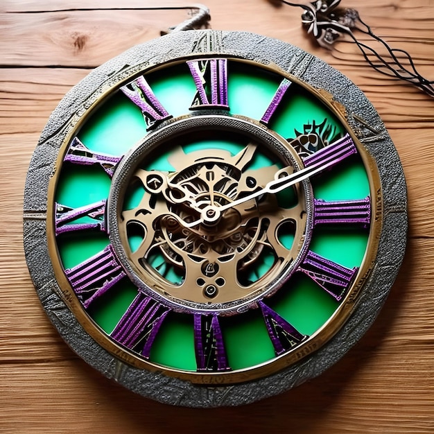 Un orologio verde e viola con il tempo di 12 30