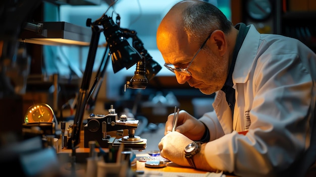 Un orologioio nel suo laboratorio sta lavorando ad un orologio sta usando una varietà di strumenti per riparare l'orologio