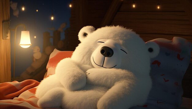 Un orsacchiotto bianco carino che dice buonanotte mentre dorme