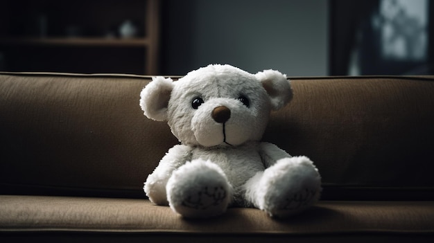 Un orsacchiotto bianco si siede su un divano in una stanza buia.