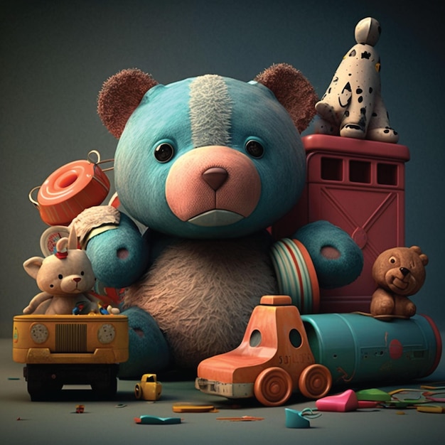Un orsacchiotto blu è circondato da giocattoli e da un'auto rossa.