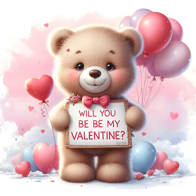 Un orsacchiotto carino con un tavolo d'amore di San Valentino con palloncini sullo sfondo per un diario spazzatura stampabile