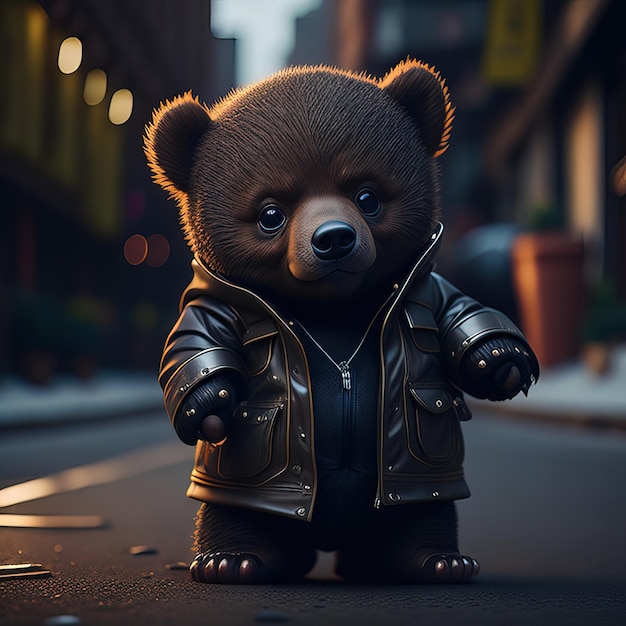 Un orsacchiotto che indossa una giacca con sopra la scritta "bear".