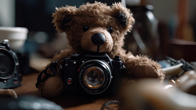 Un orsacchiotto che tiene in mano una macchina fotografica con la parola macchina fotografica sopra