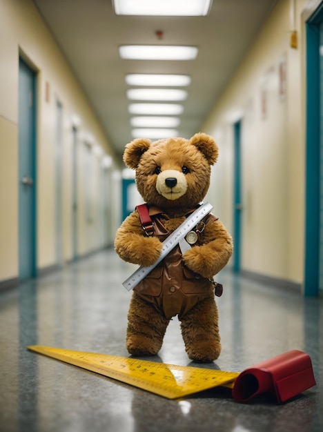 Un orsacchiotto con un righello e un goniometro che risolve problemi di matematica nel corridoio di una scuola