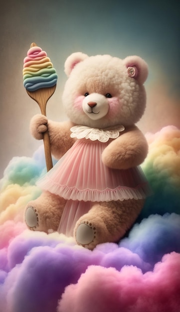 Un orsacchiotto con un vestito rosa tiene in mano un lecca-lecca arcobaleno.
