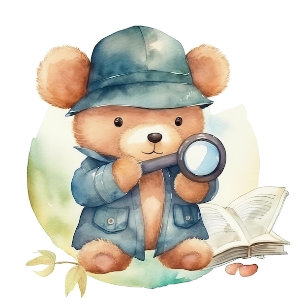 Un orsacchiotto con una lente d'ingrandimento è seduto accanto a un libro.