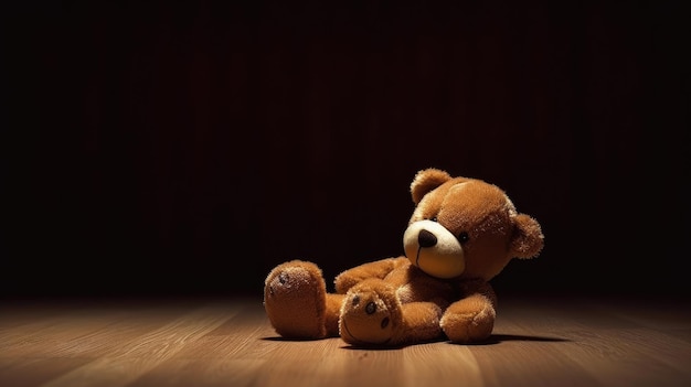 Un orsacchiotto è seduto su un pavimento di legno in una stanza buia.