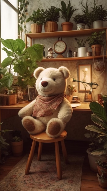 Un orsacchiotto è seduto su uno sgabello davanti a una scrivania con sopra una pianta e un orologio.