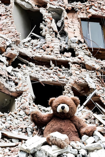 Un orsacchiotto è visto davanti a un edificio che è stato distrutto da un tornado.