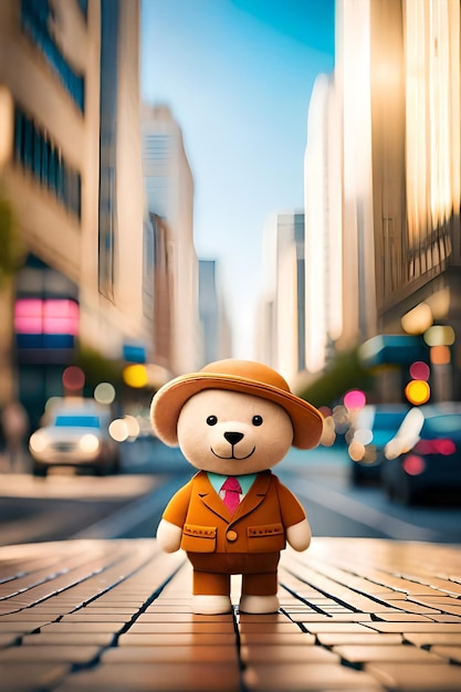Un orsacchiotto in giacca e cravatta si trova su una strada cittadina.