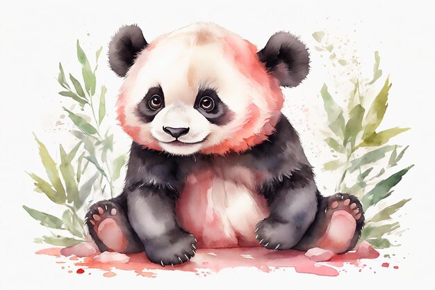 Un orsacchiotto panda carino seduto a terra Illustrazione ad acquerello