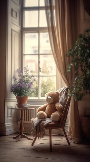 Un orsacchiotto si siede su una sedia davanti a una finestra con una pianta in vaso sul lato.