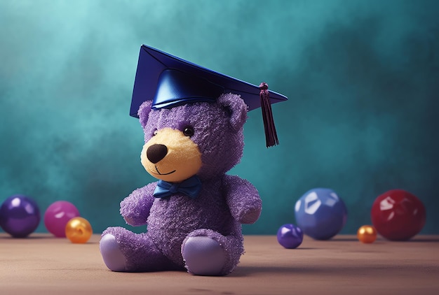 Un orsacchiotto viola che indossa un berretto da laurea siede su un tavolo con altri giocattoli.