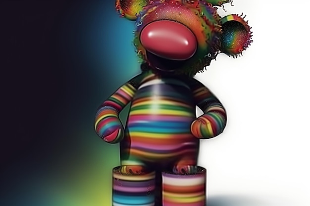 Un orsetto colorato è in piedi accanto a un secchio con sopra la scritta ".