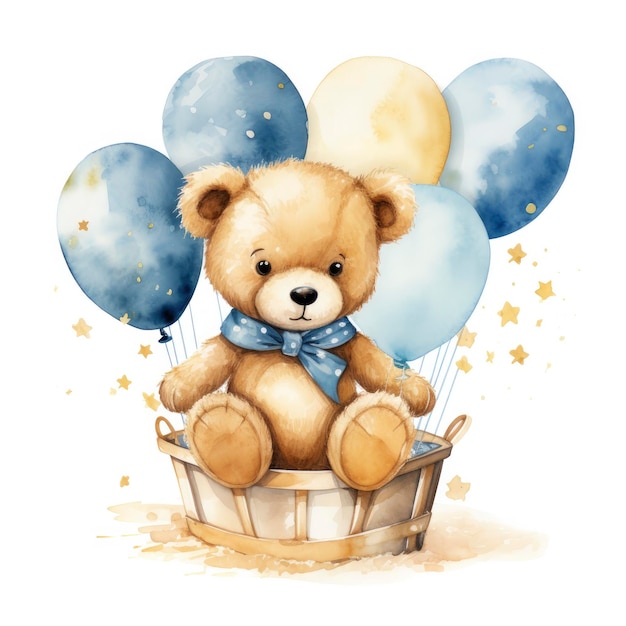 Un orsetto di peluche acquerello è seduto nel cestino con palloncini blu e dorati