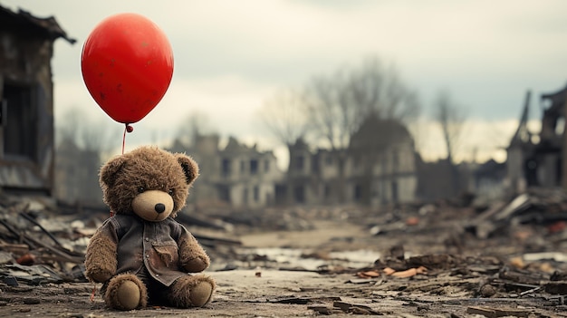 Un orsetto di peluche con un palloncino rosso depresso e solitario sullo sfondo di una città distrutta