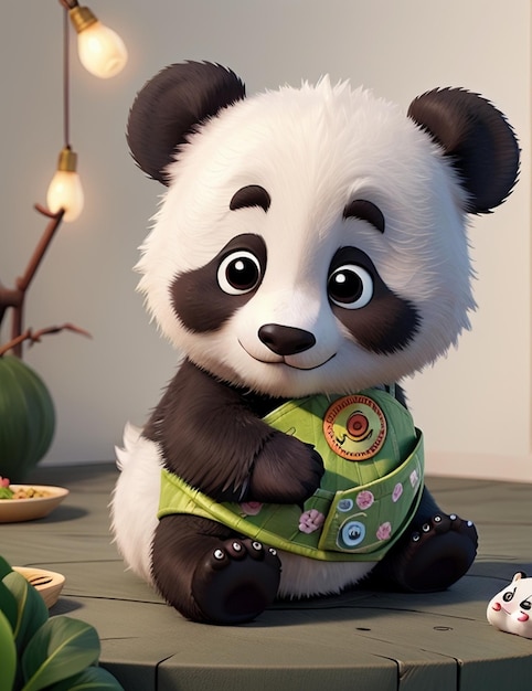 un orsetto panda di peluche con una maglietta verde e un maglione con un fiore sopra.