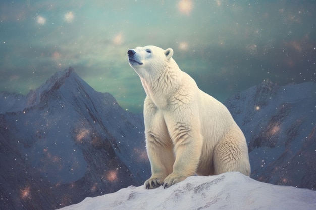 Un orso bianco si erge sulla cima di una montagna innevata Ritratto animale Illustrazione di intelligenza artificiale generativa