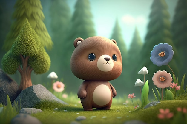 Un orso bruno che cammina in una foresta con fiori e alberi sullo sfondo.