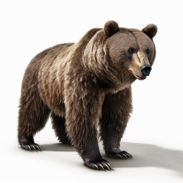 Un orso bruno con il naso nero e uno sfondo bianco.