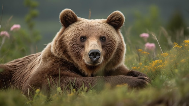 Un orso bruno giace in un campo di fiori.