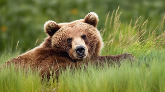 Un orso bruno giace in un campo.