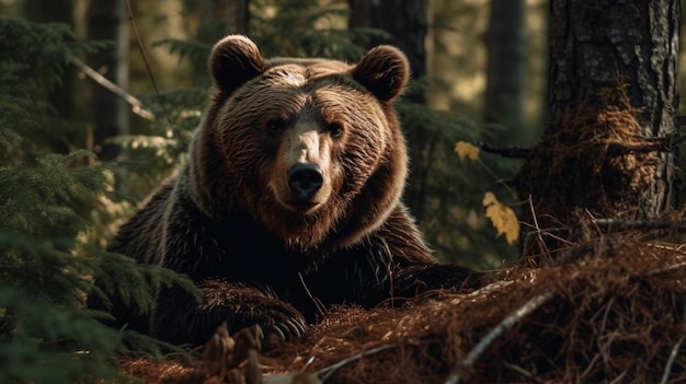 Un orso bruno in una foresta