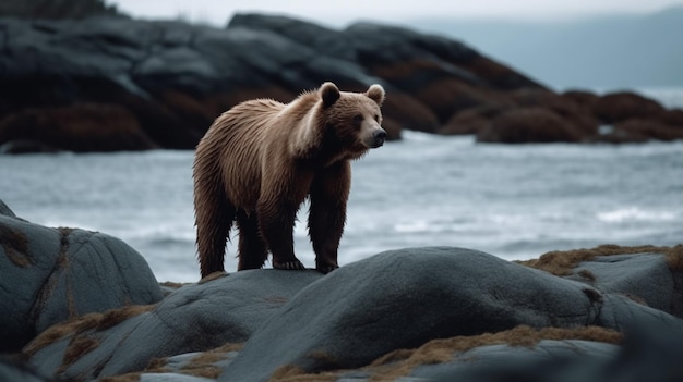 Un orso bruno si erge sulle rocce di fronte all'oceano.