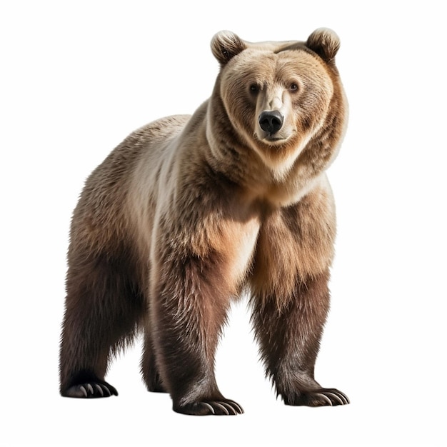 Un orso bruno si trova davanti a uno sfondo bianco.