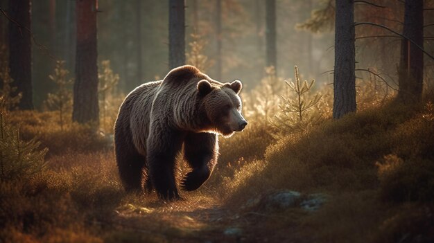 Un orso cammina in una foresta al sole