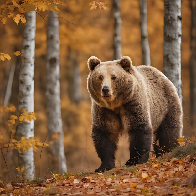 un orso cammina nel bosco con le foglie a terra