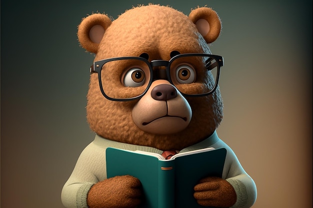 Un orso cartone animato con gli occhiali che legge un libro.